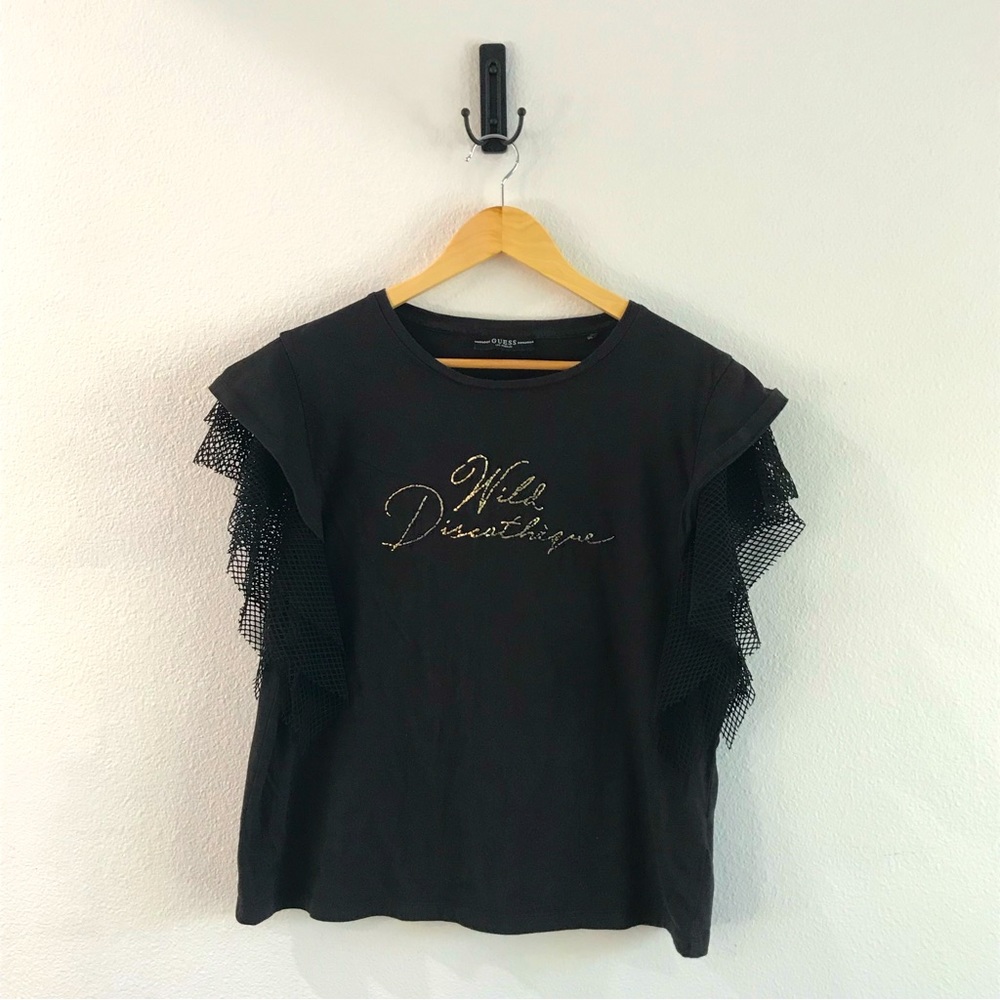 Stylish black GUESS shirt with frills on the sleeve